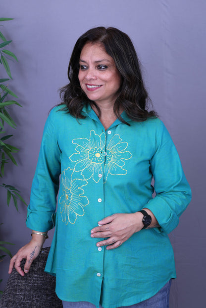 Phool Blue Embroidered Cotton Shirt