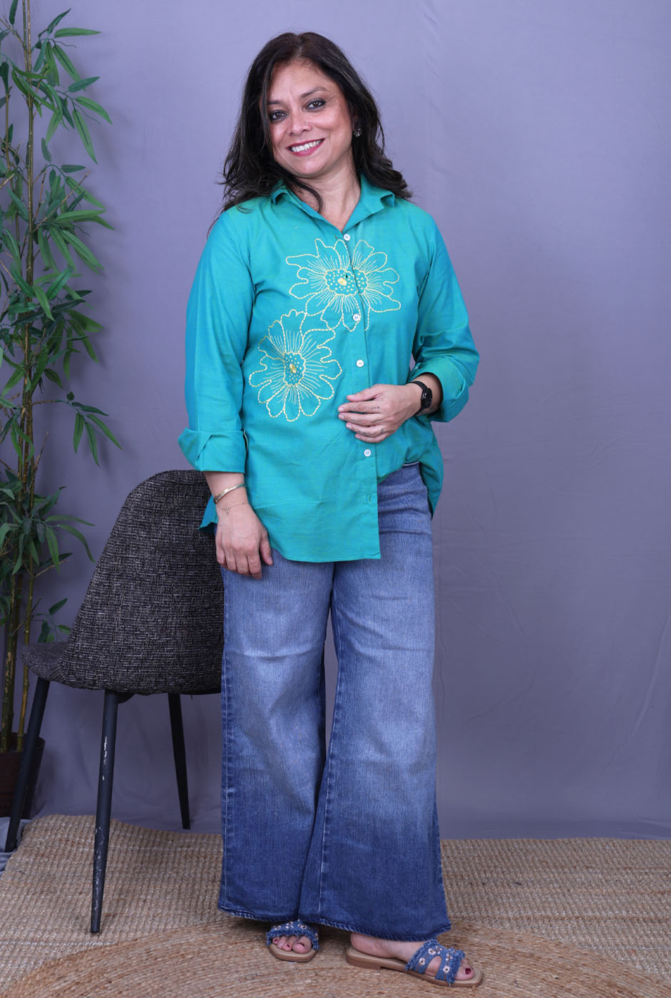 Phool Blue Embroidered Cotton Shirt