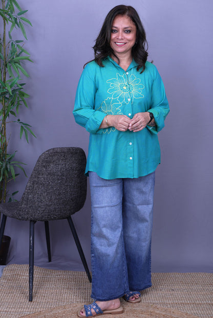 Phool Blue Embroidered Cotton Shirt