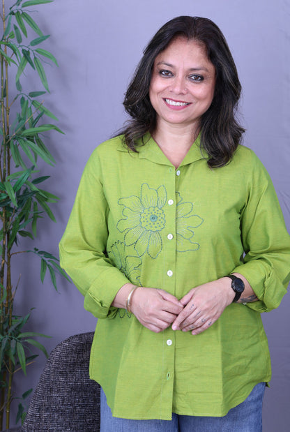 Phool Green Embroidered Cotton Shirt