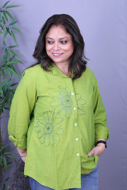 Phool Green Embroidered Cotton Shirt