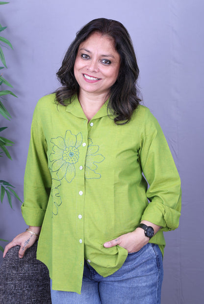 Phool Green Embroidered Cotton Shirt