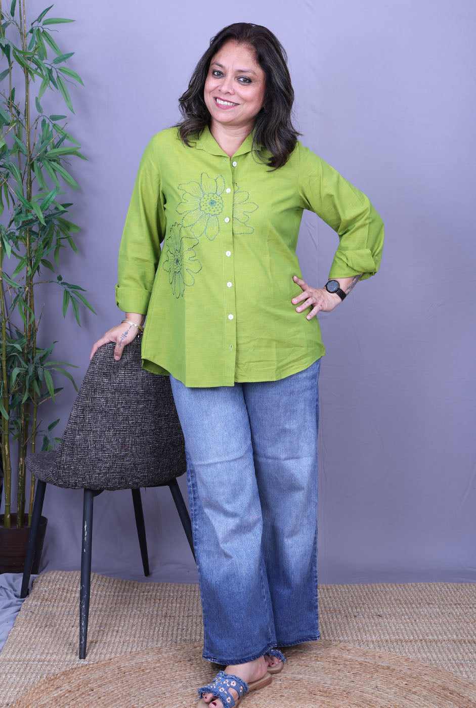 Phool Green Embroidered Cotton Shirt