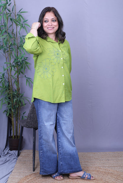 Phool Green Embroidered Cotton Shirt