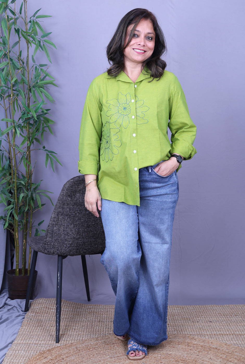 Phool Green Embroidered Cotton Shirt