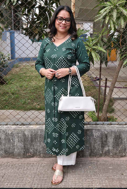 Bandhani Kurta with Handcrafted Neck Detailing Green