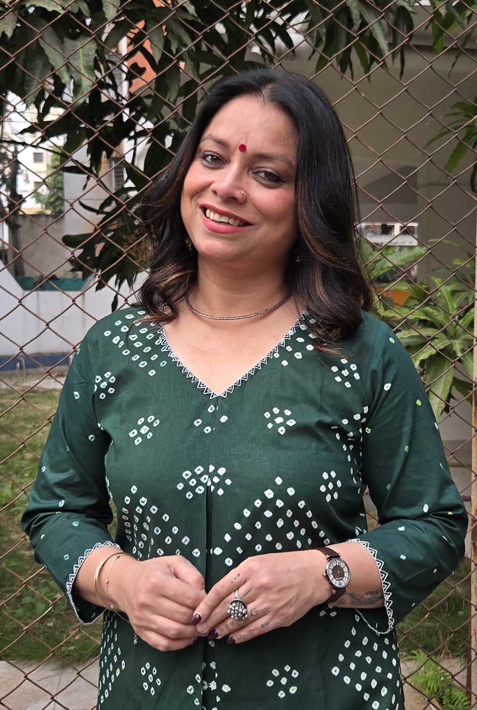 Bandhani Kurta with Handcrafted Neck Detailing Green