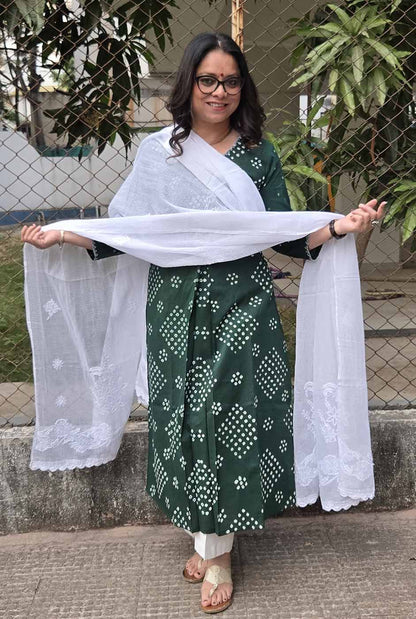 Bandhani Kurta with Handcrafted Neck Detailing Green