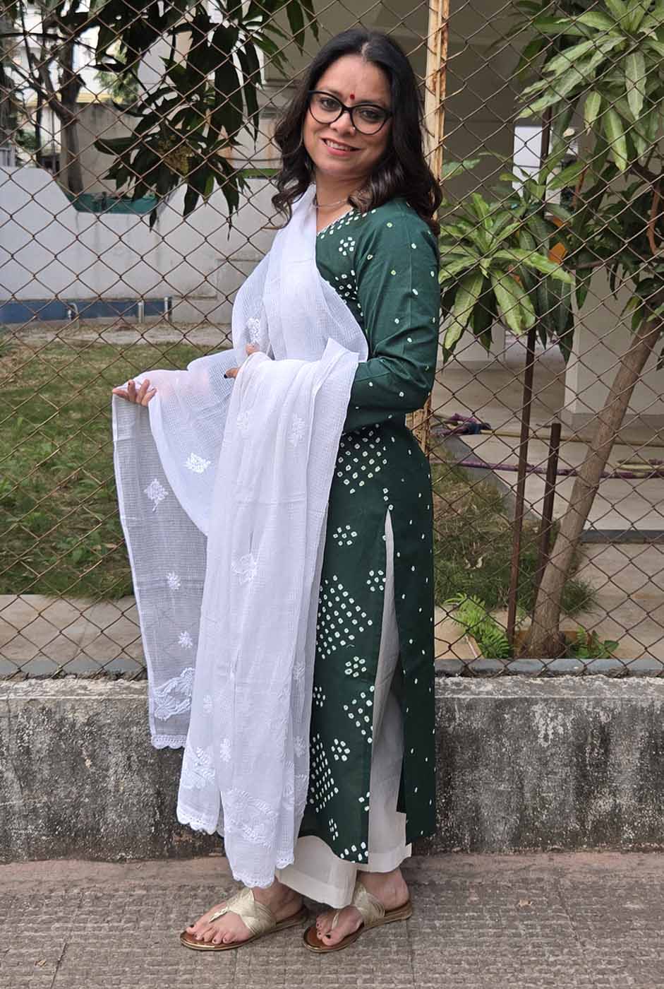 Bandhani Kurta with Handcrafted Neck Detailing Green