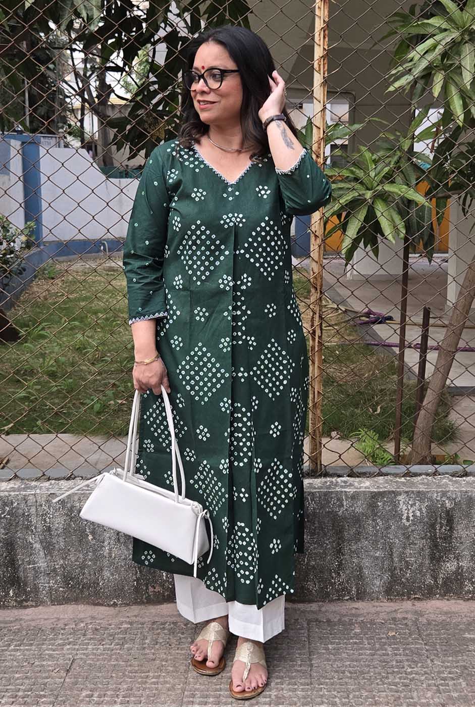 Bandhani Kurta with Handcrafted Neck Detailing Green