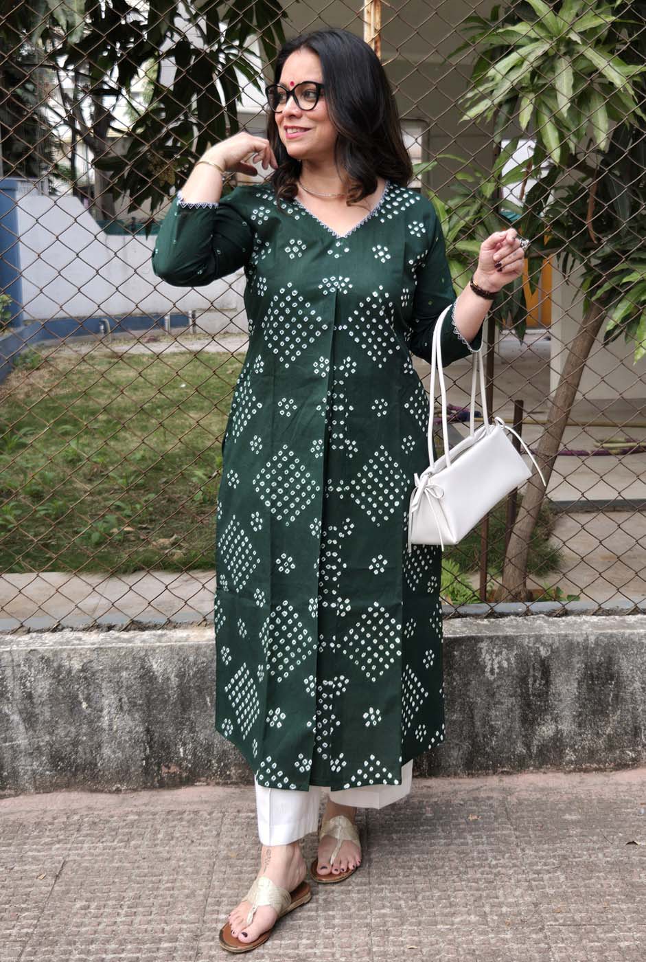 Bandhani Kurta with Handcrafted Neck Detailing Green