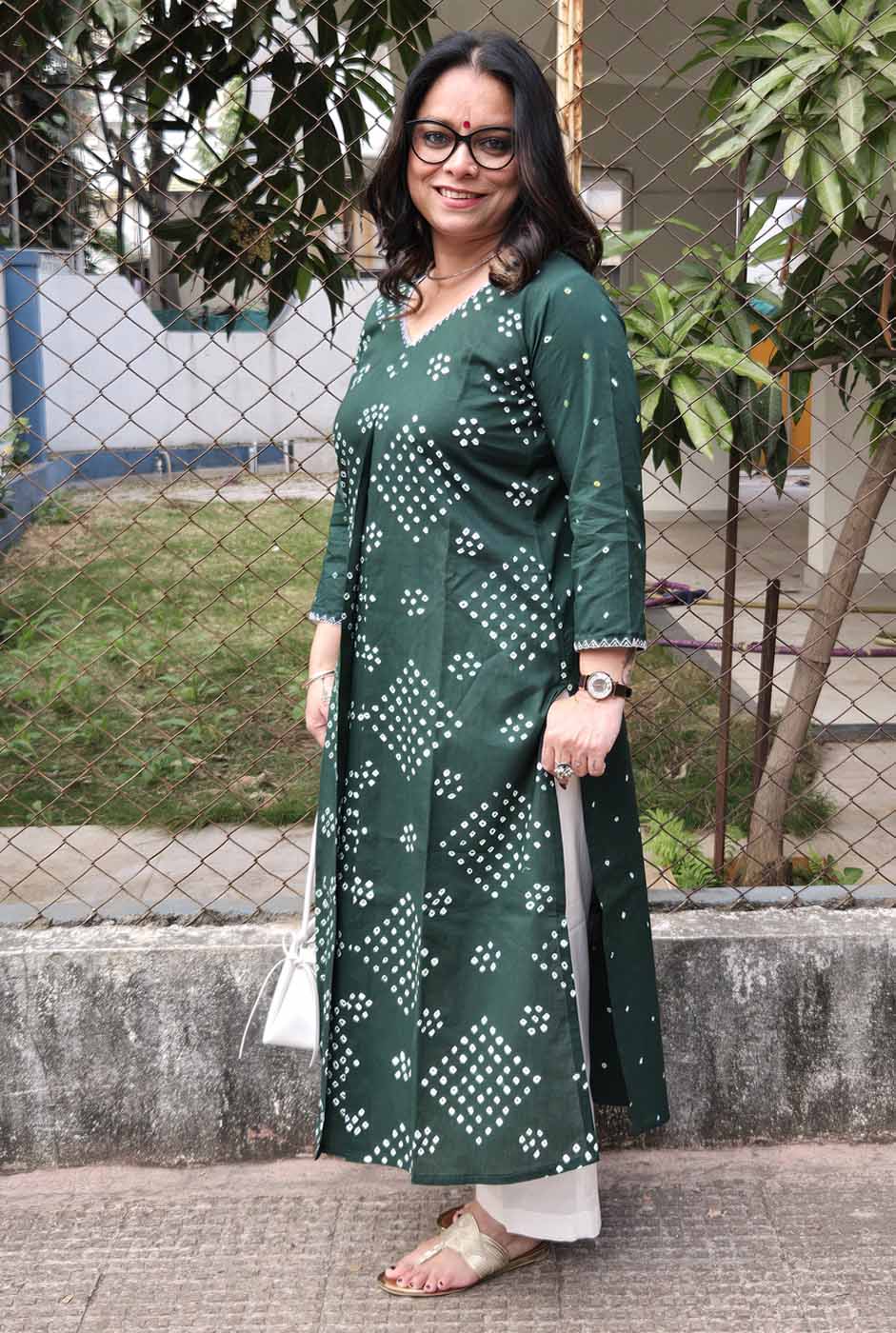 Bandhani Kurta with Handcrafted Neck Detailing Green