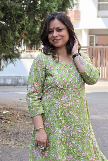 Fresh Green Dabu Handblock Kurta Pant Set with Mirror Work Yoke