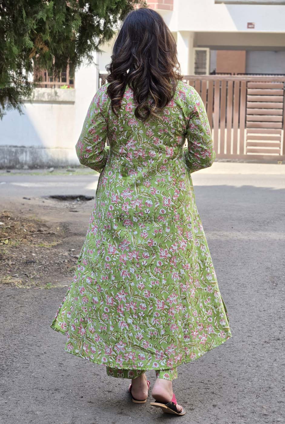 Fresh Green Dabu Handblock Kurta Pant Set with Mirror Work Yoke