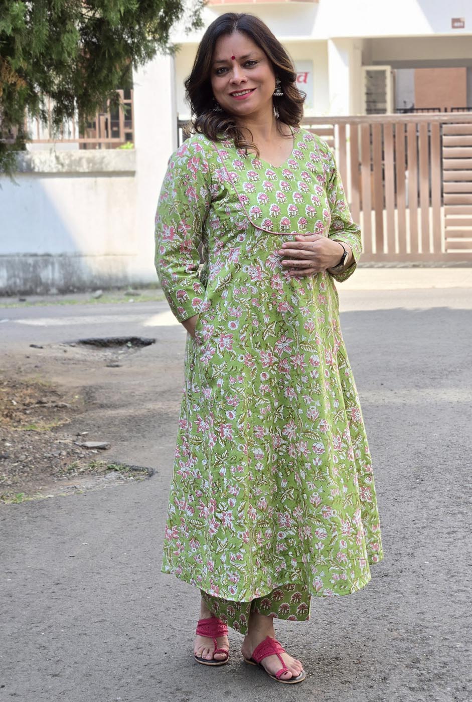 Fresh Green Dabu Handblock Kurta Pant Set with Mirror Work Yoke