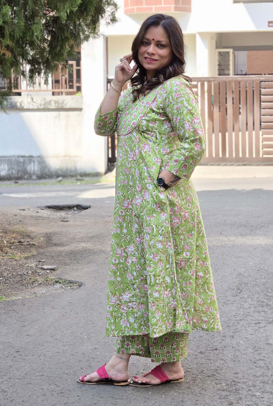 Fresh Green Dabu Handblock Kurta Pant Set with Mirror Work Yoke