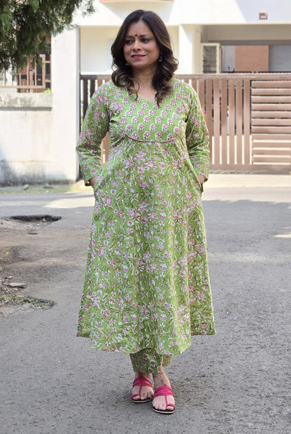 Fresh Green Dabu Handblock Kurta Pant Set with Mirror Work Yoke