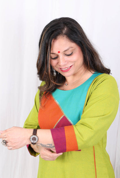 Green Kurta Pant Set with Sequin Highlighted Yoke
