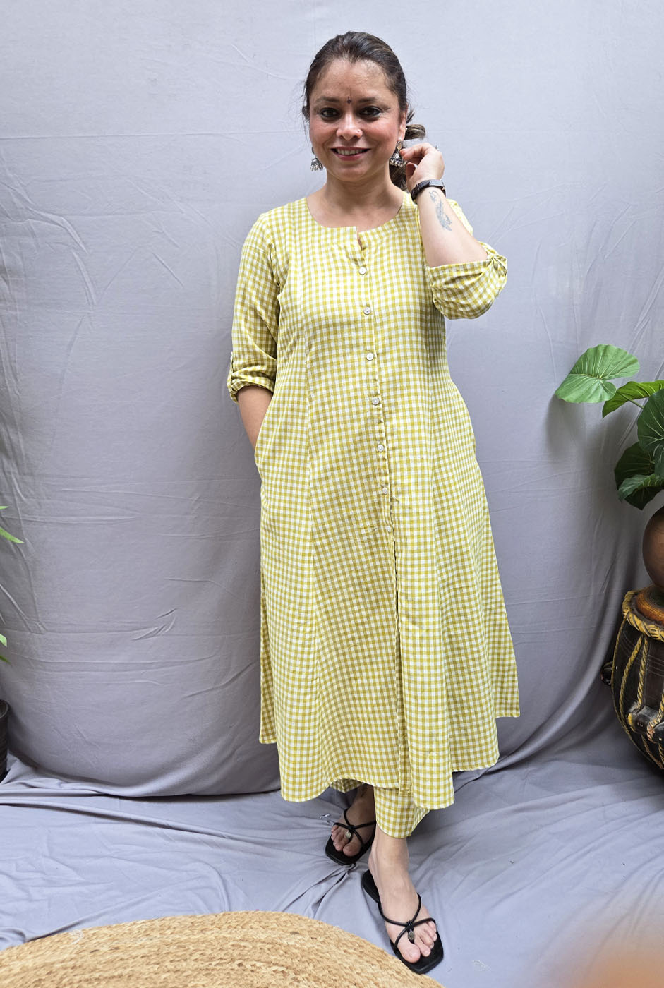 Set of 2 Chaukat – Handwoven Cotton Checks Co-ord Set Green