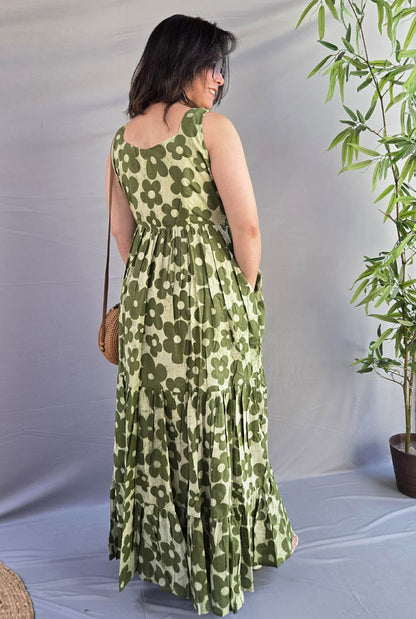 Vana Phool Green Mull Cotton Dress
