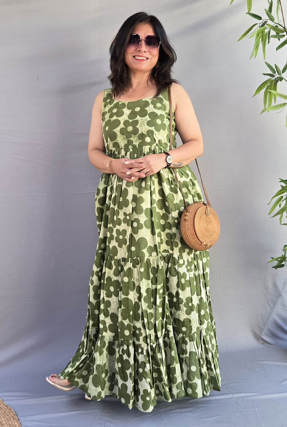 Vana Phool Green Mull Cotton Dress