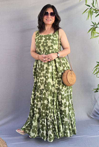 Vana Phool Green Mull Cotton Dress