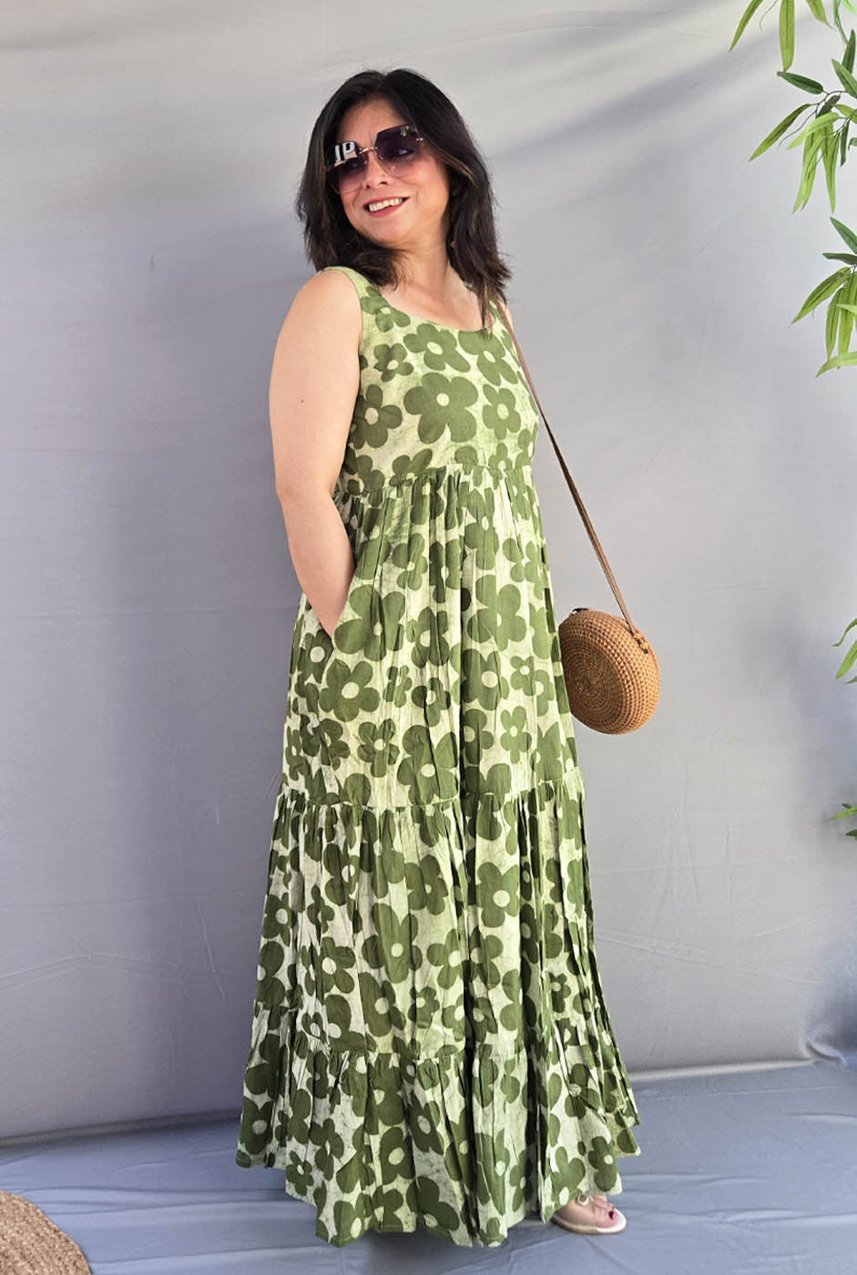 Vana Phool Green Mull Cotton Dress