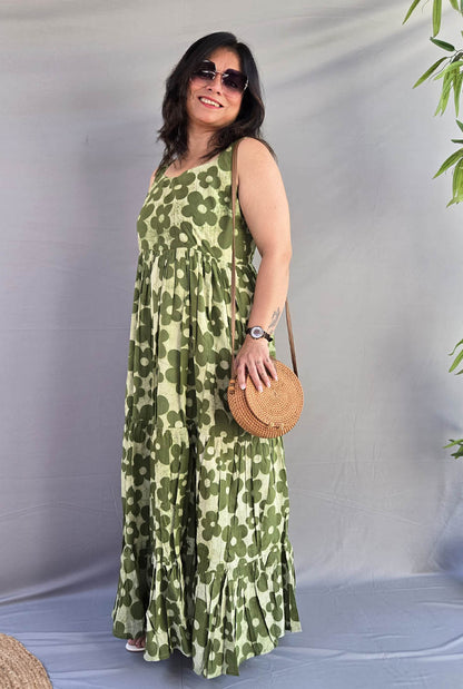 Vana Phool Green Mull Cotton Dress