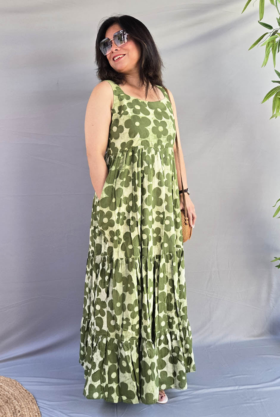 Vana Phool Green Mull Cotton Dress