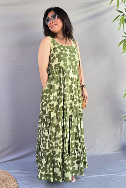 Vana Phool Green Mull Cotton Dress
