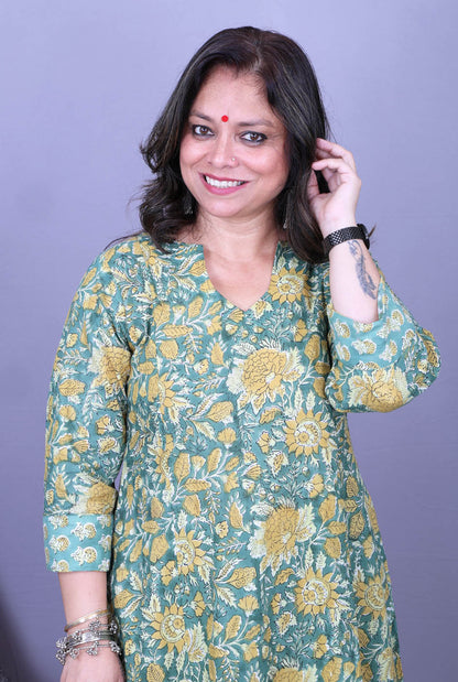 Riva – Handblock Cotton Green Kurta Pant Set of 2