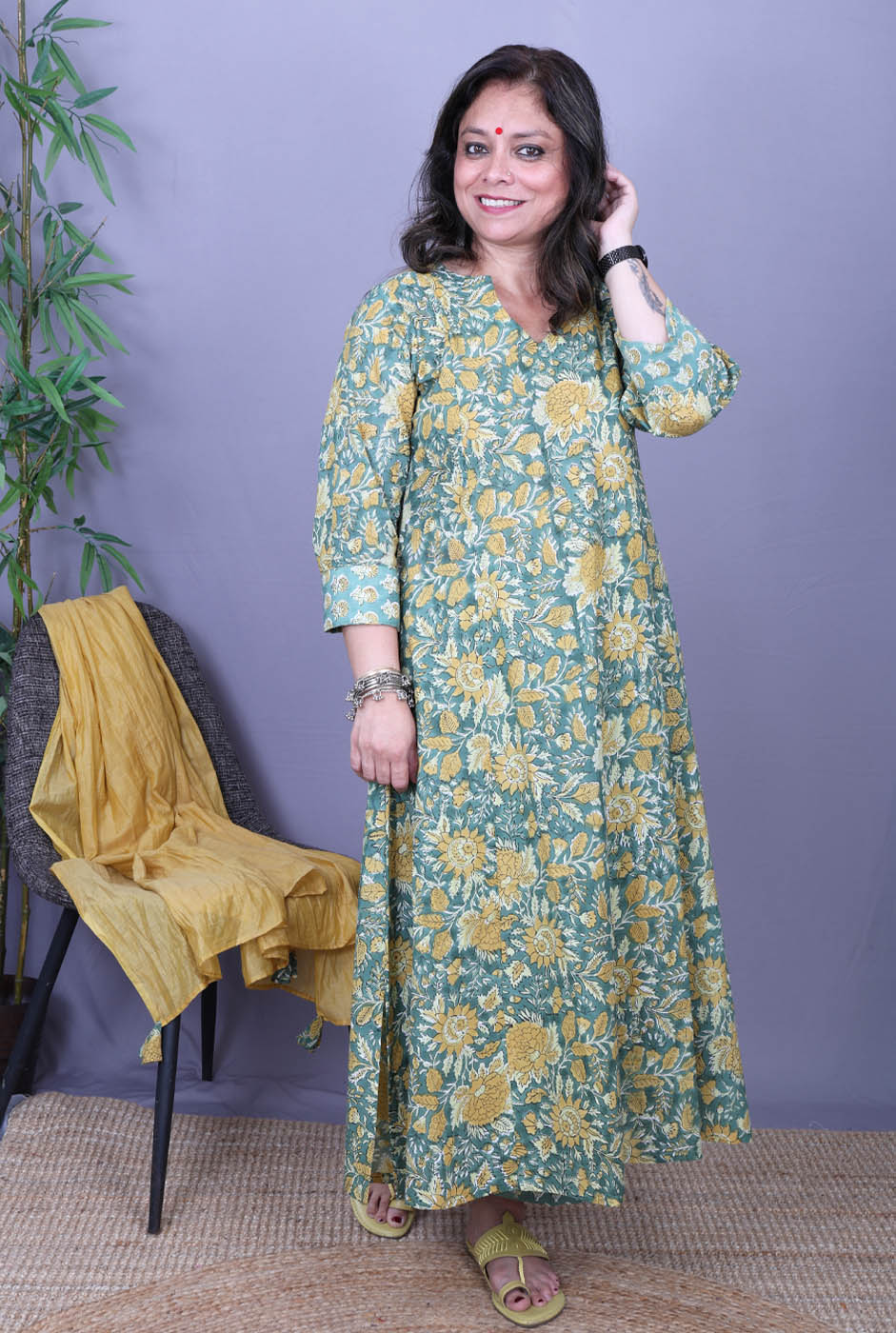 Riva – Handblock Cotton Green Kurta Pant Set of 2