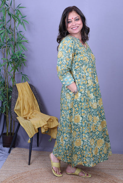 Riva – Handblock Cotton Green Kurta Pant Set of 2