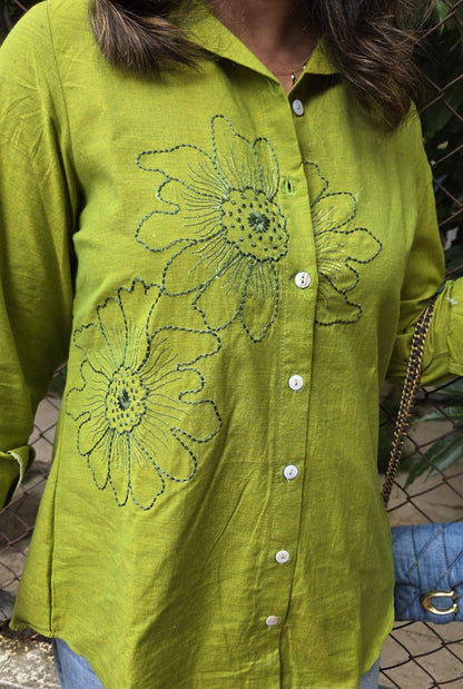 Phool Olive Green Embroidered Cotton Shirt