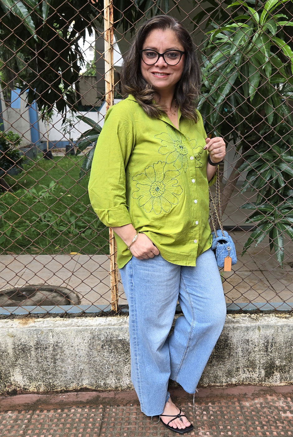 Phool Olive Green Embroidered Cotton Shirt