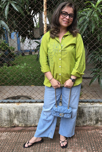 Phool Olive Green Embroidered Cotton Shirt