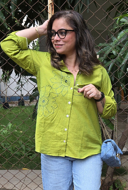 Phool Olive Green Embroidered Cotton Shirt
