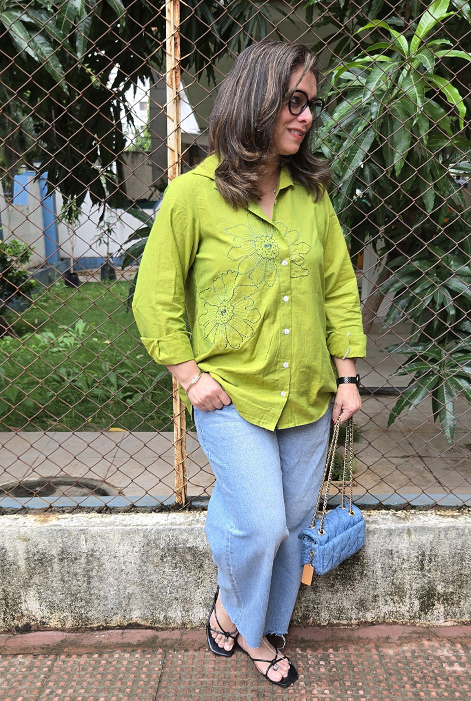 Phool Olive Green Embroidered Cotton Shirt
