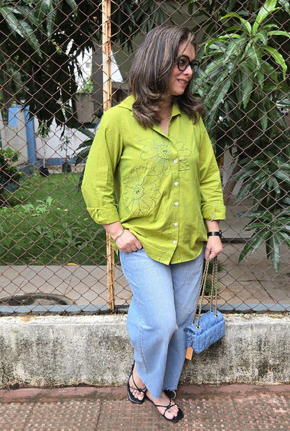 Phool Olive Green Embroidered Cotton Shirt