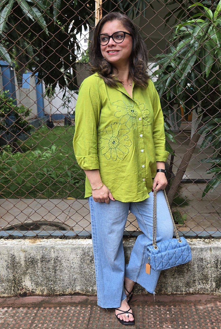 Phool Olive Green Embroidered Cotton Shirt