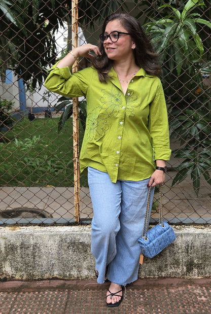 Phool Olive Green Embroidered Cotton Shirt