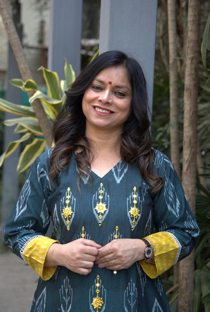 Handcrafted exclusive ikat with hand Embroidery