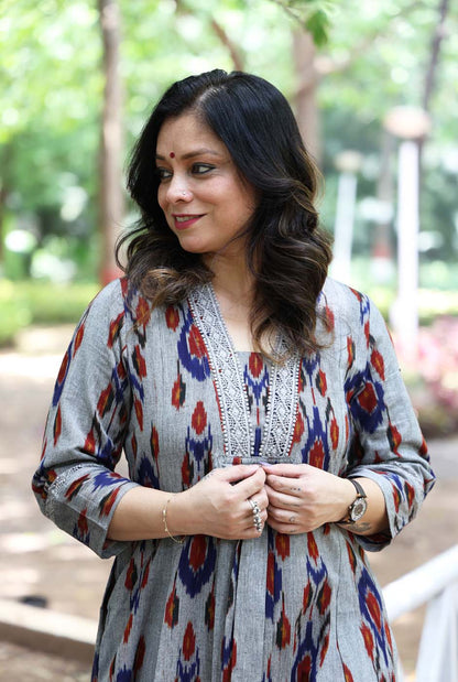 uzbek Ikat Grey Kurta with Lace Detailing