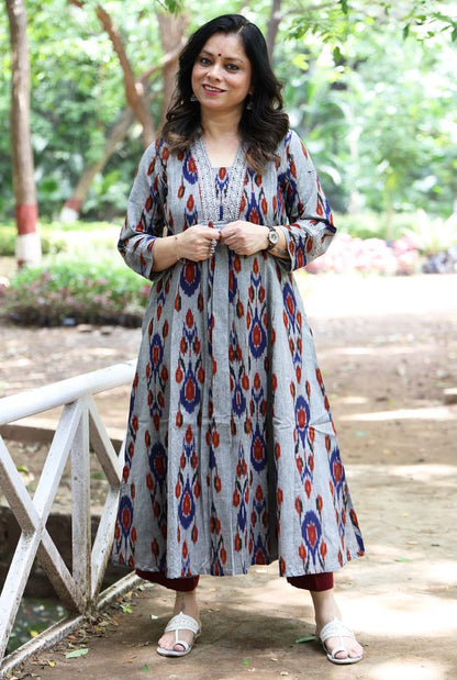 uzbek Ikat Grey Kurta with Lace Detailing