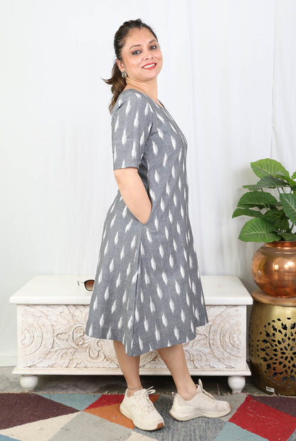 Grey Ikat Cotton Knee-Length Dress with Mull Lining