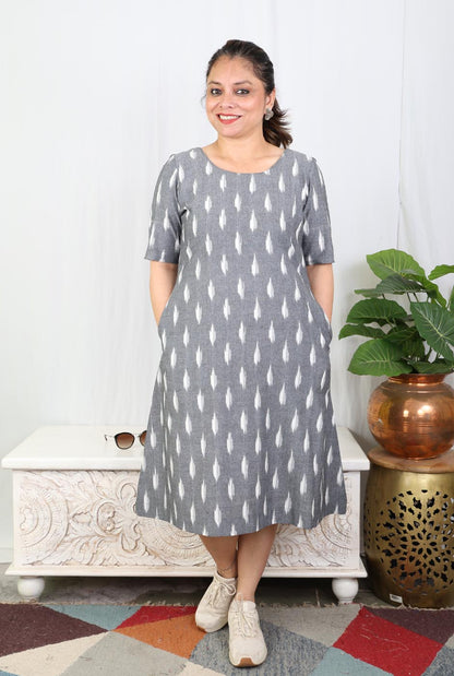 Grey Ikat Cotton Knee-Length Dress with Mull Lining