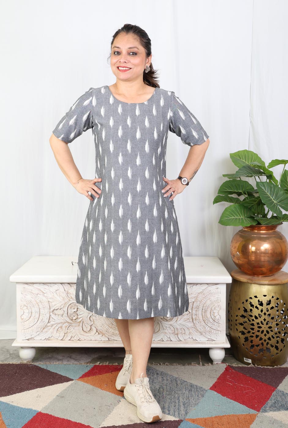 Grey Ikat Cotton Knee-Length Dress with Mull Lining
