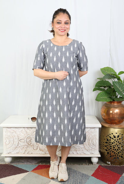 Grey Ikat Cotton Knee-Length Dress with Mull Lining