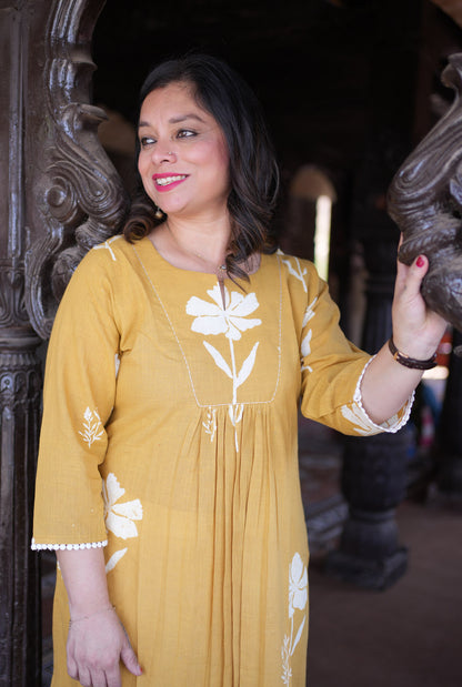 Gulmohar Floral Block Handloom Cotton Yellow Kurti