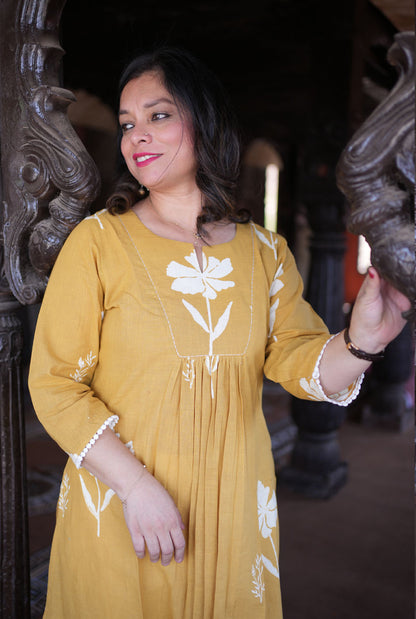 Gulmohar Floral Block Handloom Cotton Yellow Kurti